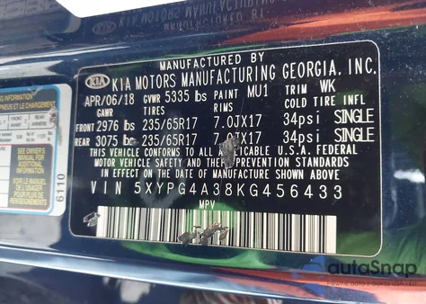 2019 Kia Sorento 2.4L Lx z USA, uszkodzony, nr VIN 5XYPG4A38KG456433